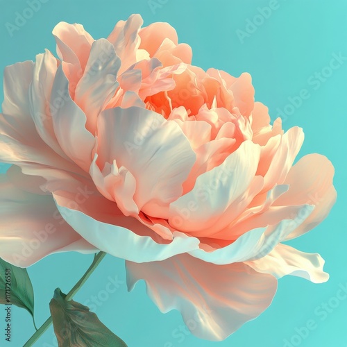 Soft pink peony bloom on a serene turquoise background during midday