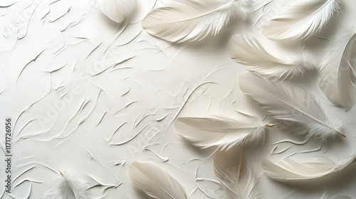 Delicate white feathers arranged gracefully on a light background