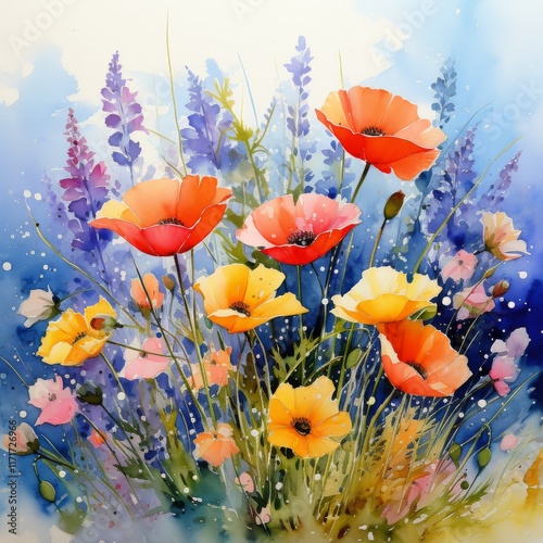 Vibrant wildflowers bloom in a colorful watercolor painting, showcasing natur...
