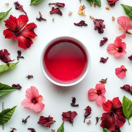 Floral arrangement with hibiscus tea surrounded by vibrant petals and dried f...