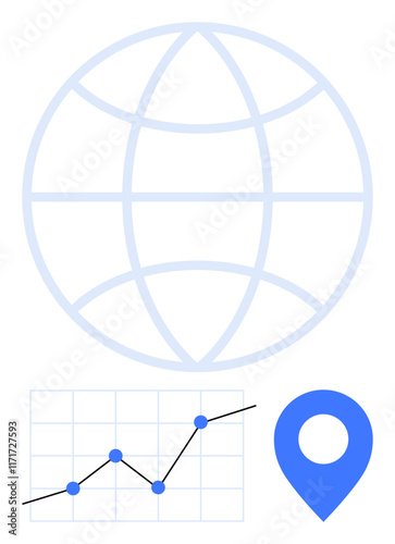 Globe with grid lines, line graph with data points, and location marker. Ideal for technology, business growth, geolocation services, global reach, data analytics and innovation. Abstract line flat