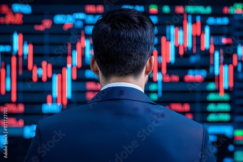 A savvy Caucasian executive engages in trading and investing in the stock market, depicted with a double exposure of financial stock charts, symbolizing business ideas and concepts. photo