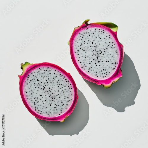 Vibrant pink dragon fruit split in half showcasing its unique texture and col...