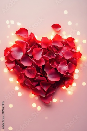 Heart shaped arrangement of red rose petals with soft bokeh lights in the bac...