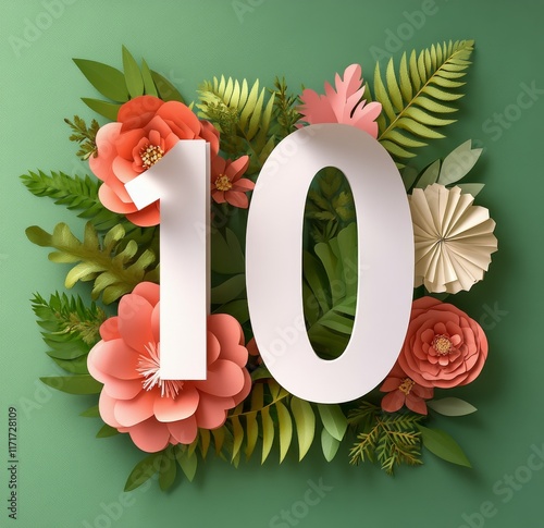 Floral arrangement with 10 on a green backdrop for an anniversary or celebration