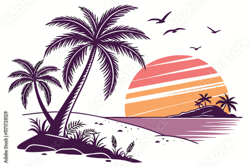 Design a vibrant vector illustration of a palm tree on a sandy beach with a sunset in the background, incorporating gradient colors and soft shadows for a tropical feel. Silhouette Color and White Bac