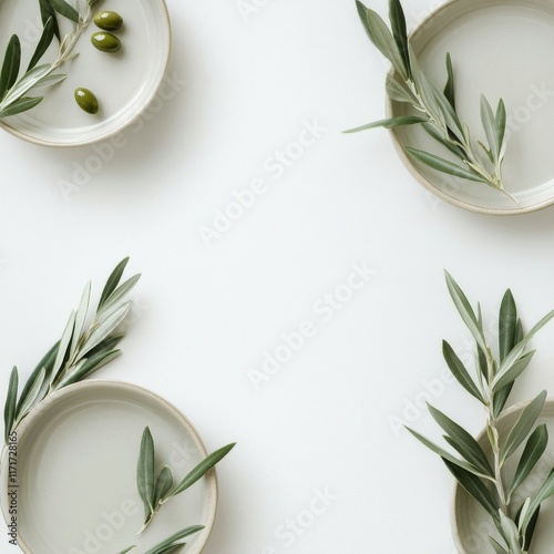 Collection of minimalist plates with olive branches and olives arranged on a ...