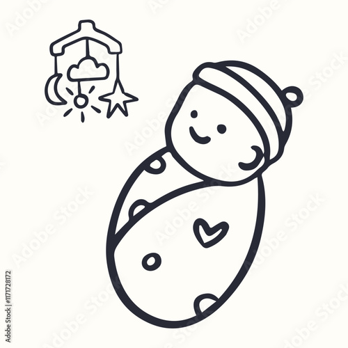 cute baby doodle in swaddle illustrastion