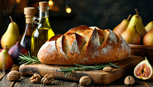 A rustic composition of freshly baked sourdough bread paired with a bowl of olive oil and rosemary