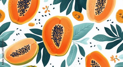Colorful papaya and leaves arranged artistically on a vibrant background
