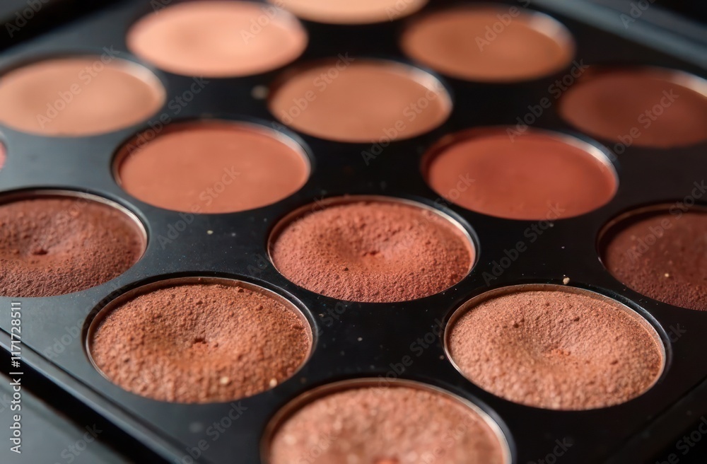 closeup of makeup palette with various shades of brown eyeshadows. beauty and cosmetic concept in mocha mousse tones - color of the year 2025. fashion blog poster, product advertising. closeup of makeup palette with various shades of brown eyeshadows. beauty and cosmetic concept in mocha mousse tones - color of the year 2025. fashion blog poster, product advertising.