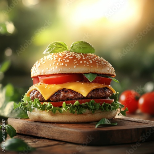 Delicious gourmet burger stacked high with fresh ingredients on a wooden boar...