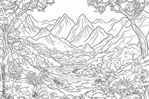 Coloring page mountain river jungle scene photo