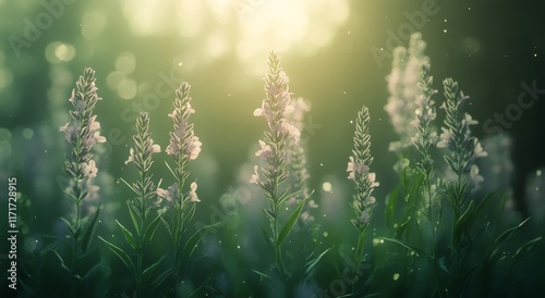 Morning light illuminates blooming wildflowers in a lush green meadow during ...