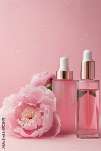 Elegant pink floral arrangement with beauty products on a soft pastel background