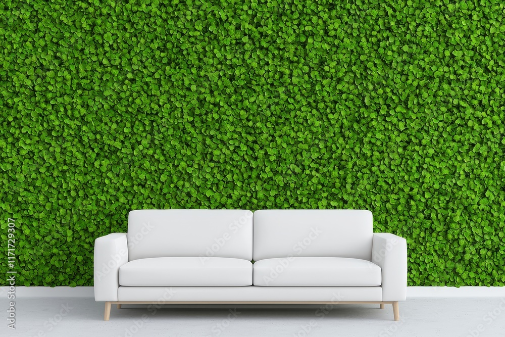 Fototapeta premium Contemporary eco-friendly home interior featuring green and white hues with biophilic design elements. A modern living room showcasing biophilic apartment design.