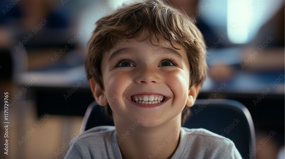 Eager Learner. A close-up of a cheerful child with sparkling eyes and a broad smile, seated at a sleek, modern school desk, as they eagerly await the start of a new lesson. Eager Learner. A close-up of a cheerful child with sparkling eyes and a broad smile, seated at a sleek, modern school desk, as they eagerly await the start of a new lesson.