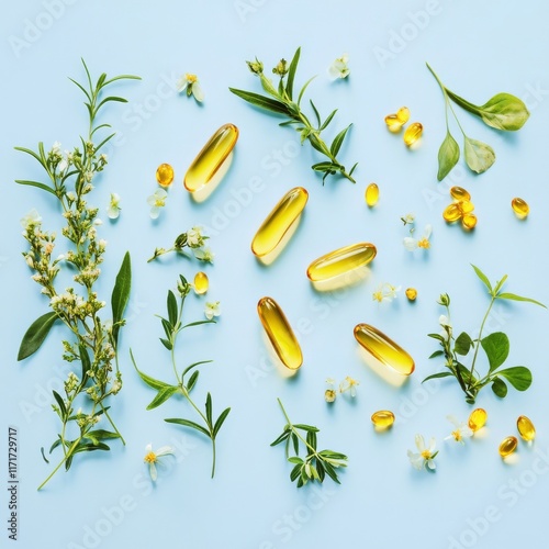 Colorful display of herbal capsules and flowers on a blue background