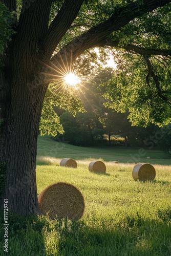 Sunlight filters through trees illuminating hay bales in a tranquil meadow se...