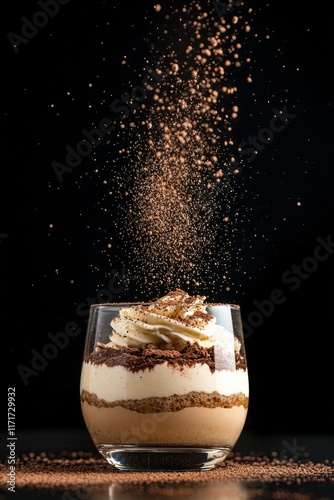 Delicious dessert with layers of cream, chocolate, and sprinkle on top for a ...