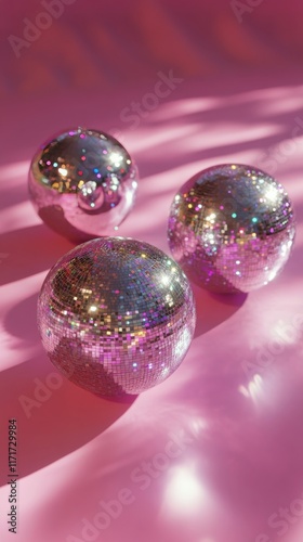 Sparkling disco balls on a vibrant pink surface creating a festive atmosphere...