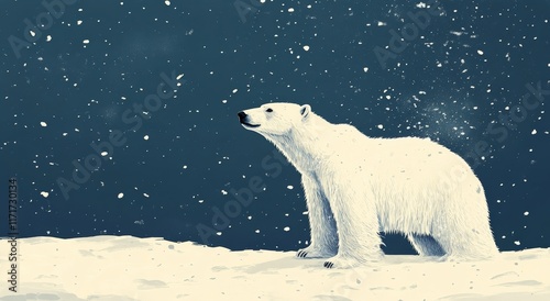 Polar bear in a snowy landscape under falling snowflakes during winter twilight