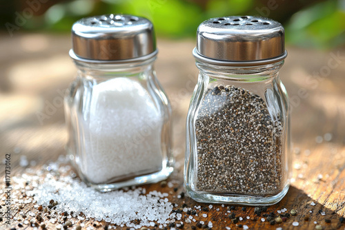 Neatly set restaurant table with salt and pepper shakers