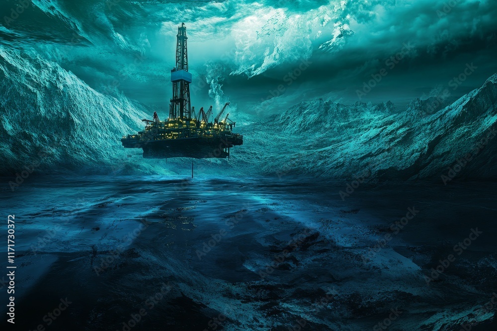 Obraz premium Offshore drilling rig in stormy, deep ocean.