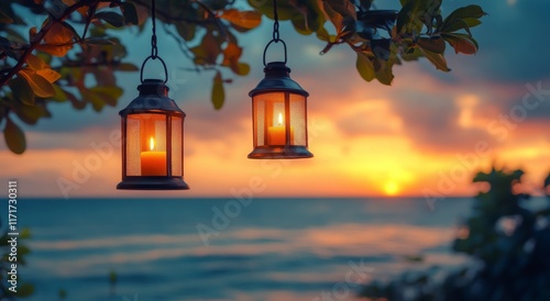 Lanterns glowing softly by the water during a vibrant sunset near the shore