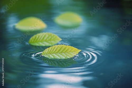 Floating green leaves on calm water with a serene natural backdrop