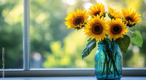 Sunflowers in mason jars on rustic wooden table with blurred green background
