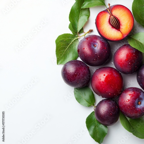 Fresh plums arranged with leaves on a light background showcasing vibrant col...