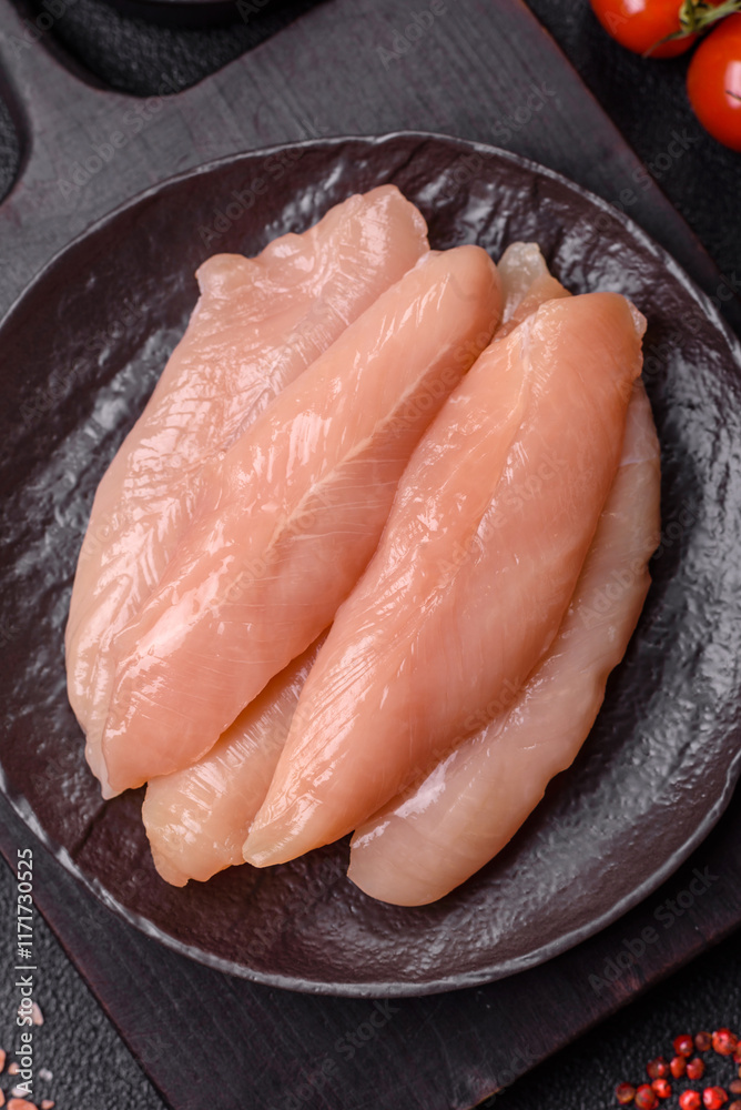 Raw chicken fillet cut into strips with spices and herbs Raw chicken fillet cut into strips with spices and herbs