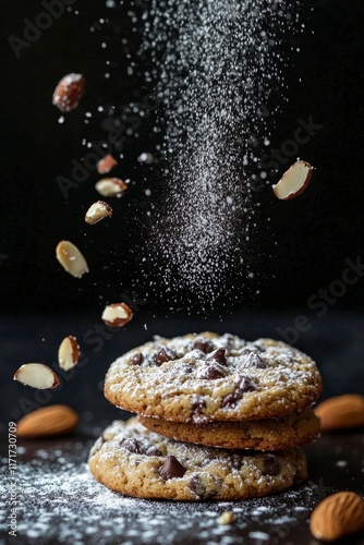 Delicious cookies topped with powdered sugar and almonds during a baking sess...