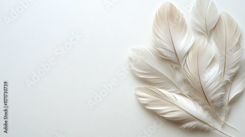 Delicate white feathers arranged gracefully on a light background