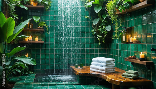 A tropical-inspired bathroom with a rain shower surrounded by green tiles, lush plants cascading fro