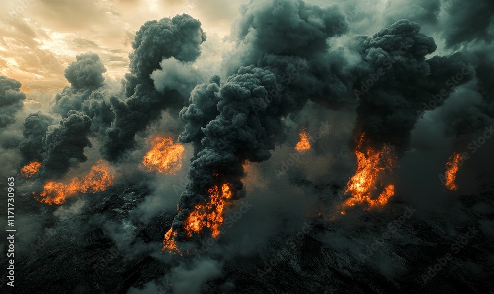 Dark clouds, fiery eruptions, apocalyptic landscape.