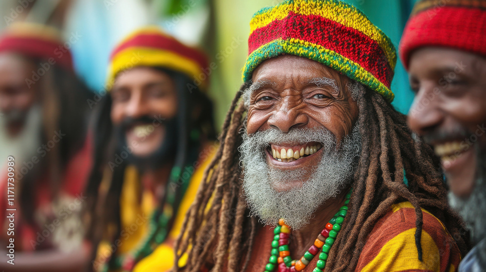 Happy Rastafarian Men in Colorful Cultural Attire Happy Rastafarian Men in Colorful Cultural Attire
