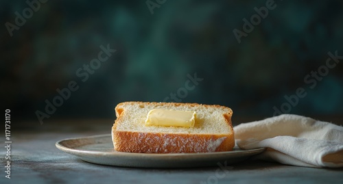 Toast with butter on a linen cloth against a dark background in a cozy kitche...