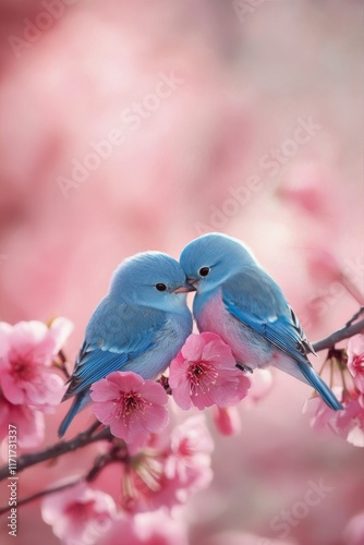 Two vibrant blue and pink birds nestled together among blooming cherry blosso...