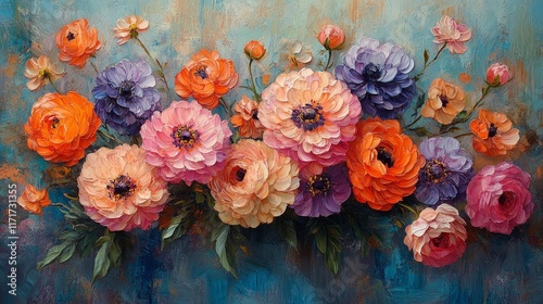 Colorful tulips and flowers arranged in a vibrant display against a dark back...