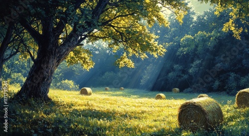 Golden sunlight filters through trees illuminating a grassy meadow with hay b...