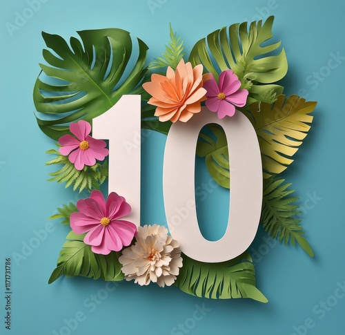 Floral arrangement with 10 on a green backdrop for an anniversary or celebration