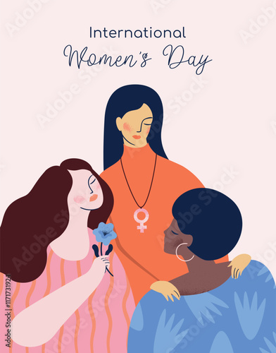 International Womens Day. Vector illustration with women different nationalities, cultures. Struggle for freedom, independence, equality.