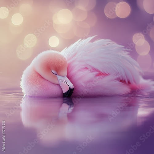 Elegant flamingo resting peacefully on water with a dreamy background at sunset