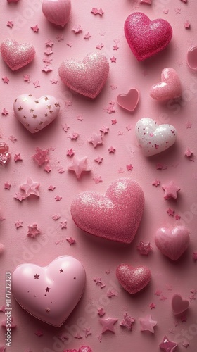 Sweet pink heart-shaped confections arranged on pastel background for festive...
