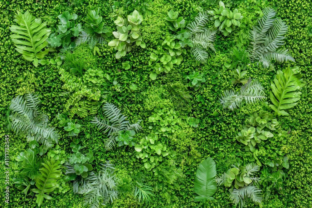 A natural moss-covered wall with a textured, floral mossy background, embodying biophilic design indoors in a full-frame shot.