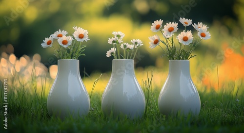 Elegant white vases with daisies arranged in a lush green garden during daylight