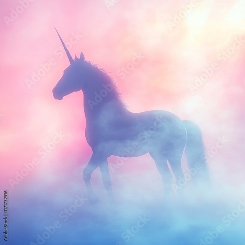 Mystical unicorn standing gracefully in ethereal fog during a colorful dawn
