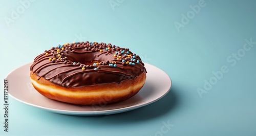 Delicious chocolate frosted donut with colorful sprinkles on a white plate ag...